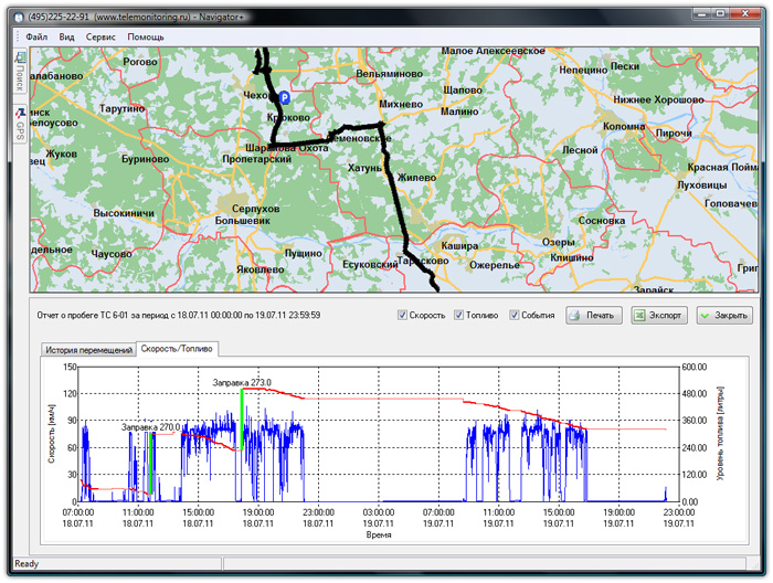 GPS мониторинг транспорта. График скорости и расхода топлива