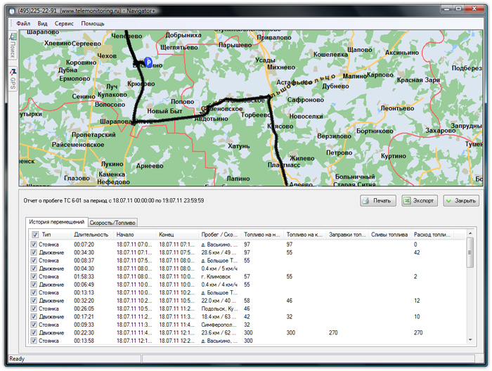 Детальный отчет о перемещениях ТС таблицей. Информация о расходе топлива